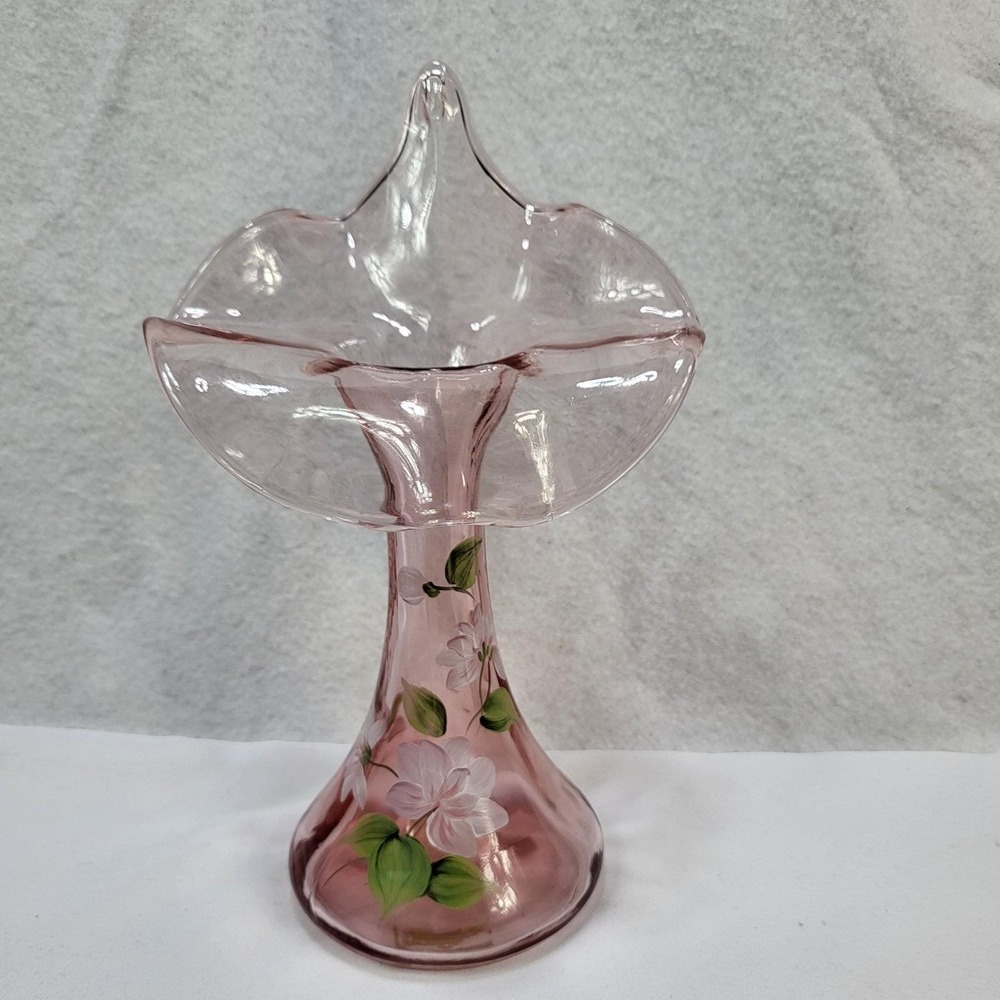 Fenton Pink Glass Hand Painted Floral Ruffled Vase Signed 1991 USA